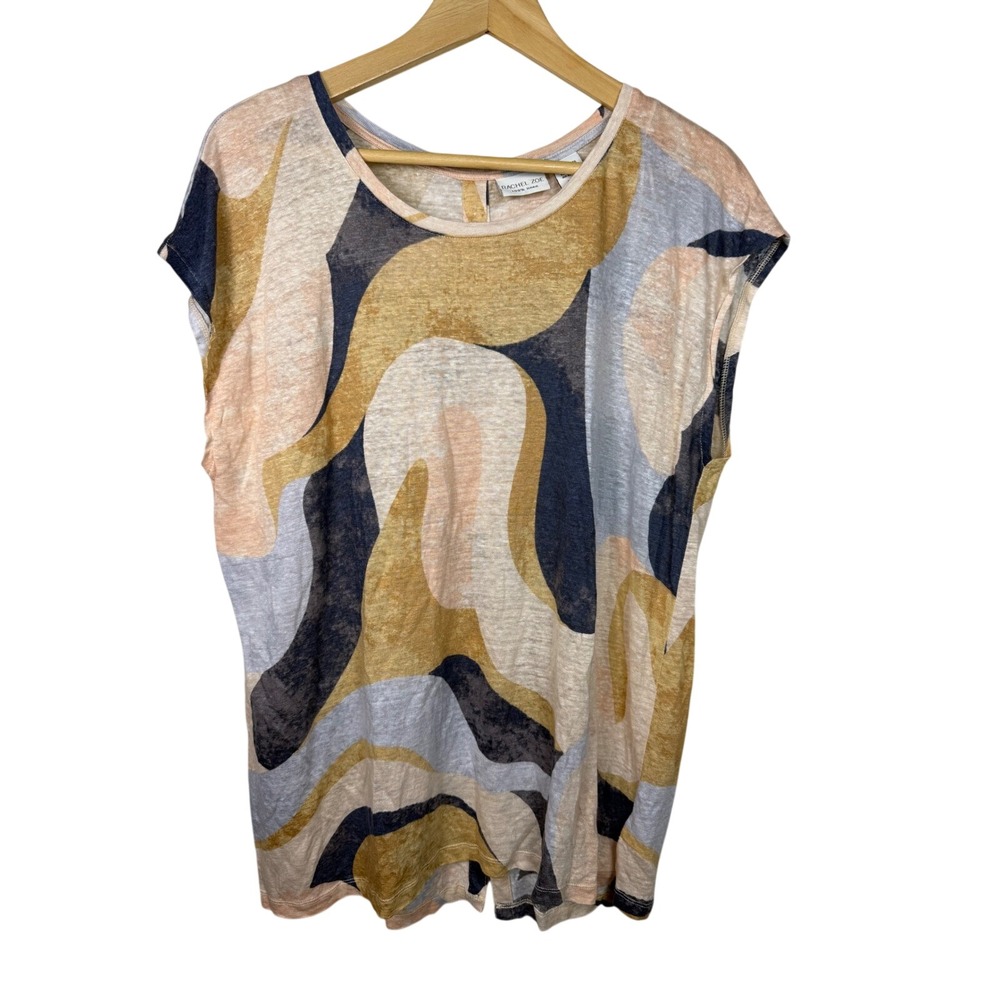 Rachel Zoe Linen Top Womens XXL Multicolor Abstract Print Button Back Cap Sleeve